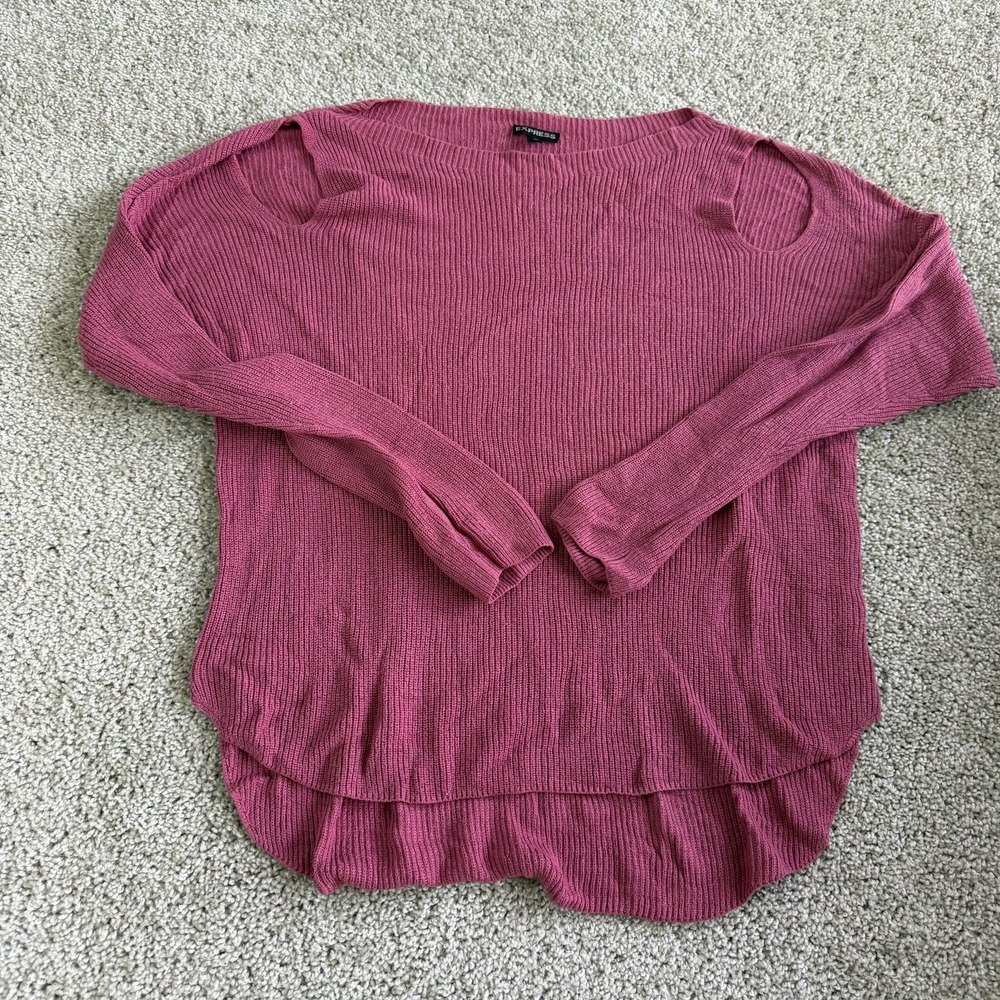 Express Sweater Womens L Pink Cold Shoulder Tunic Knit High Low Hem Long Sleeve